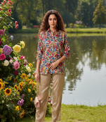 beige floral printed silk co-ord set for day outings