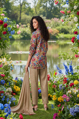 beige floral printed silk co-ord set for day outings 2