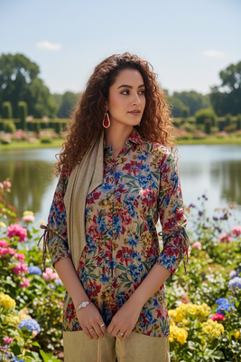 beige floral printed silk co-ord set for day outings 3