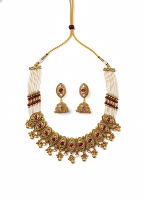 Rajwadi plated pearl bandhai necklace set  3