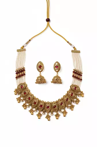 Rajwadi plated pearl bandhai necklace set 