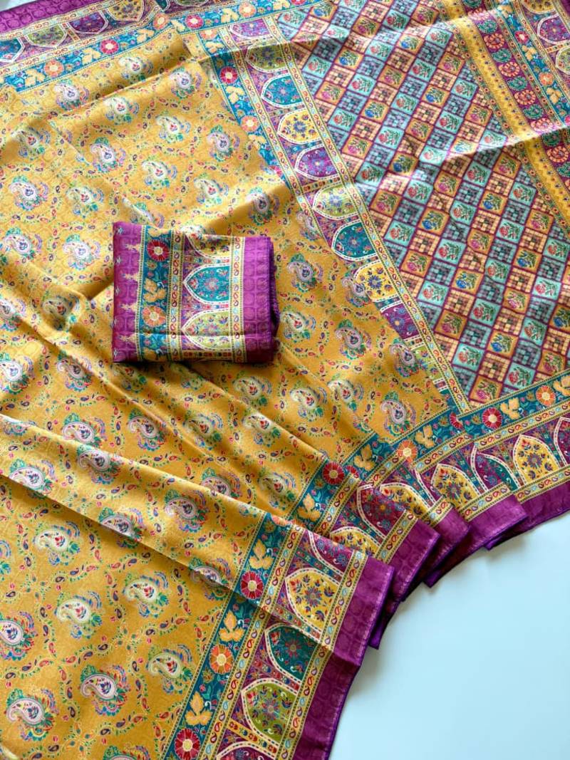 Yellow Color Jaqurad Weaving Dola Silk Blend Saree