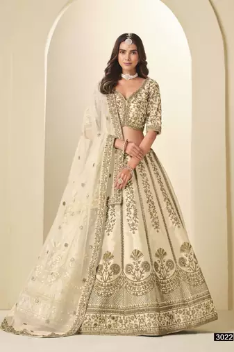 White Art Silk Semi Stitched Lehenga Choli with Heavy Embroidery Work