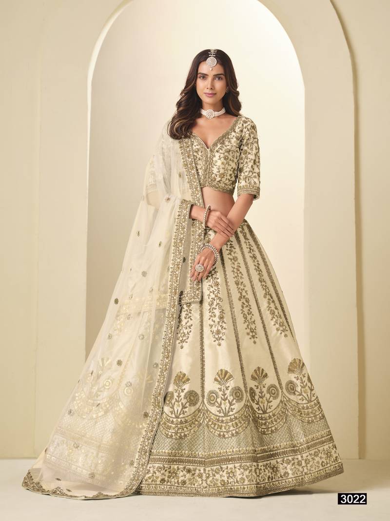 White Art Silk Semi Stitched Lehenga Choli with Heavy Embroidery Work
