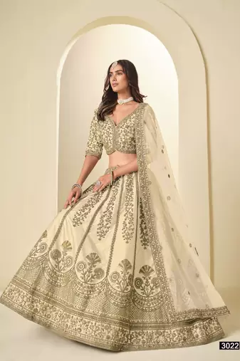White Art Silk Semi Stitched Lehenga Choli with Heavy Embroidery Work