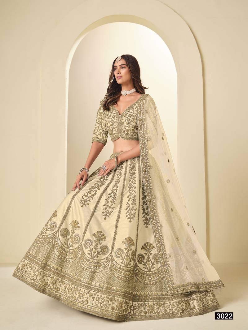 White Art Silk Semi Stitched Lehenga Choli with Heavy Embroidery Work