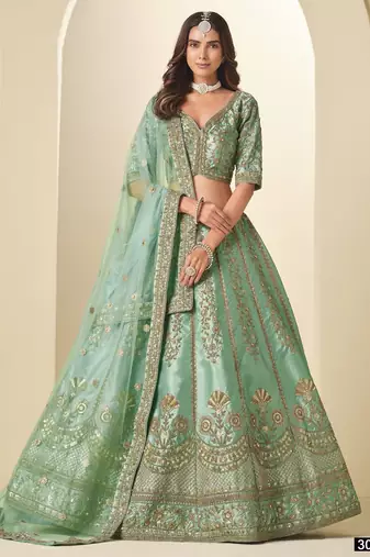 Sea Green Art Silk Semi Stitched Lehenga Choli with Heavy Embroidery Work