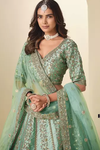 Sea Green Art Silk Semi Stitched Lehenga Choli with Heavy Embroidery Work
