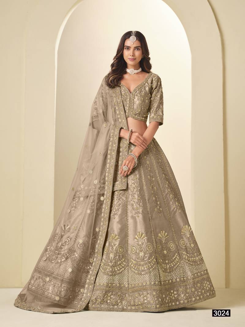 Brown Art Silk Semi Stitched Lehenga Choli with Heavy Embroidery Work
