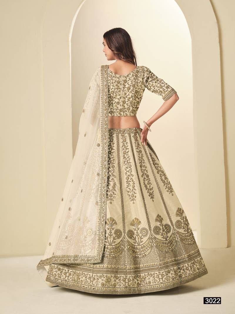 White Art Silk Semi Stitched Lehenga Choli with Heavy Embroidery Work