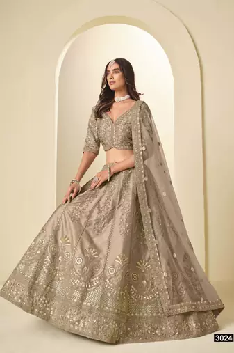 Brown Art Silk Semi Stitched Lehenga Choli with Heavy Embroidery Work