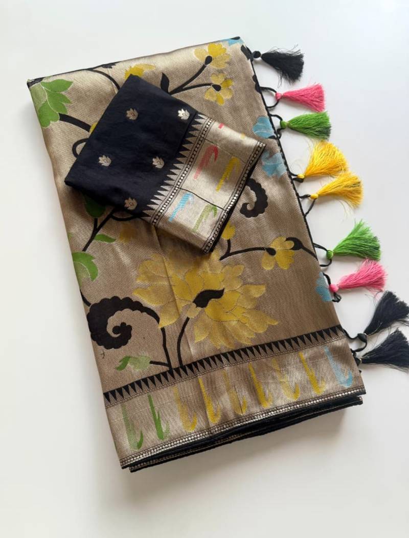 Black Color Paithani Jari Weaving Tissue Viscose Saree