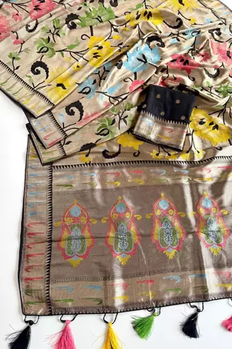 Black Color Paithani Jari Weaving Tissue Viscose Saree