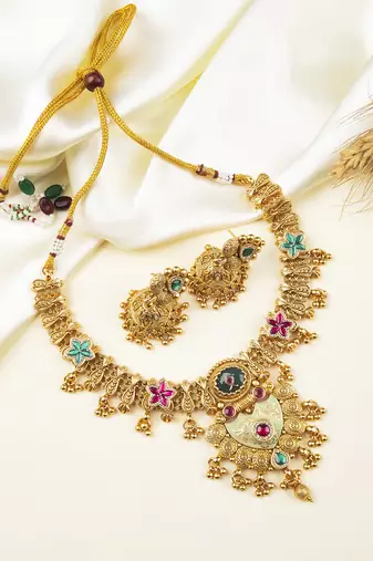 Multicolour rajwadi plated premium bandhai necklace set