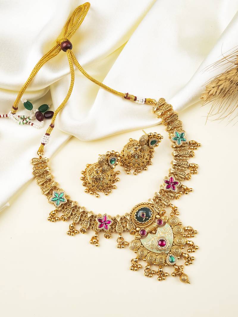 Multicolour rajwadi plated premium bandhai necklace set