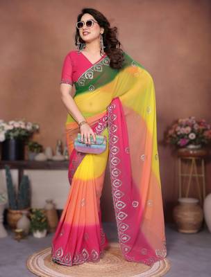  georgette silk blend saree with embroidered blouse 1