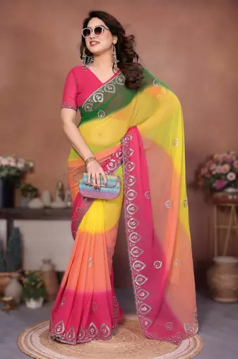 heavy georgette silk saree with embroidered blouse