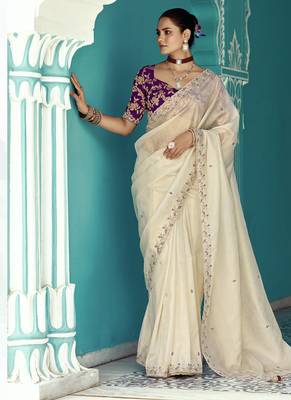 White glass tissue embroidery & sequence work designer saree 1