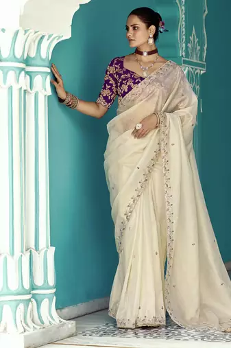 White glass tissue embroidery & sequence work designer saree