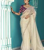White glass tissue embroidery & sequence work designer saree
