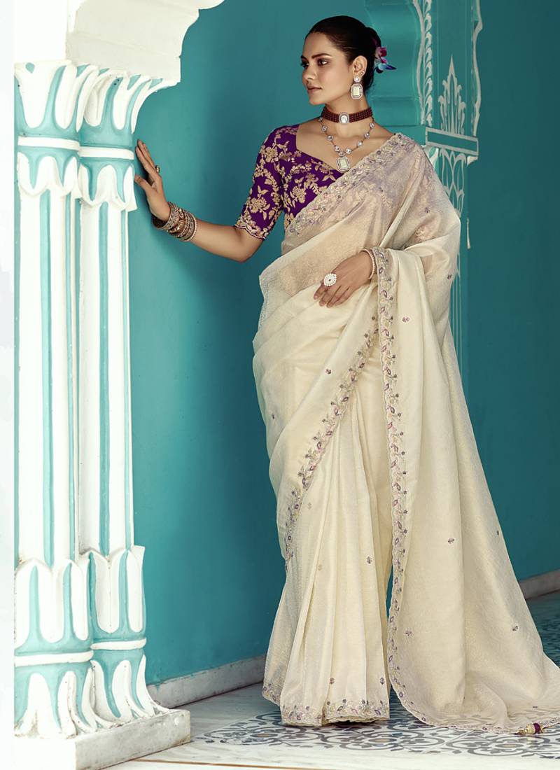 White glass tissue embroidery & sequence work designer saree