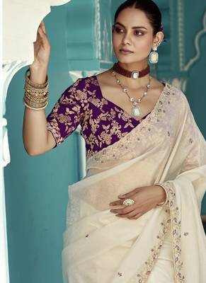 White glass tissue embroidery & sequence work designer saree 2