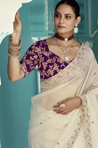 White glass tissue embroidery & sequence work designer saree