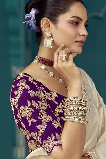 White glass tissue embroidery & sequence work designer saree