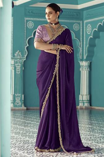 Purple glass tissue embroidery & sequence work designer saree