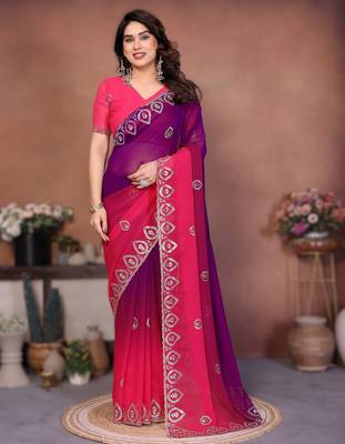  georgette silk blend saree with embroidered blouse 1