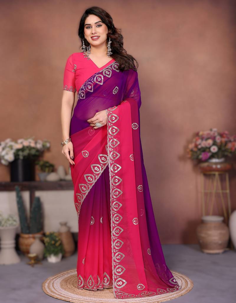 heavy georgette silk saree with embroidered blouse