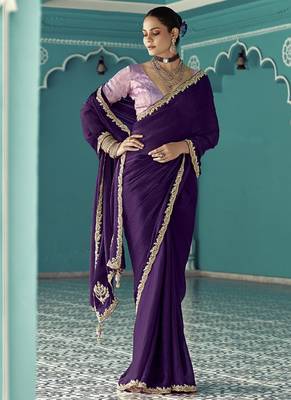 Purple glass tissue embroidery & sequence work designer saree 2