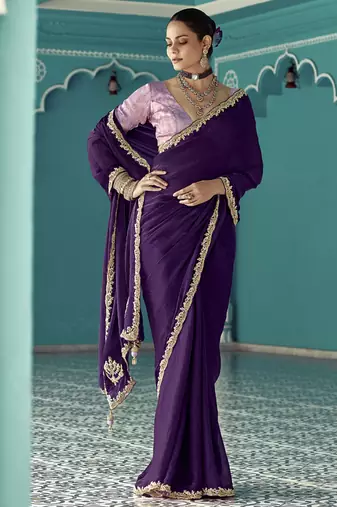 Purple glass tissue embroidery & sequence work designer saree