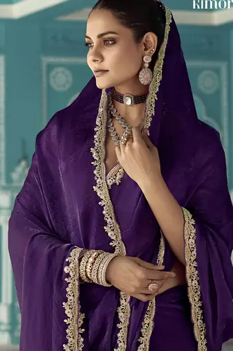 Purple glass tissue embroidery & sequence work designer saree