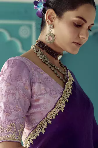 Purple glass tissue embroidery & sequence work designer saree