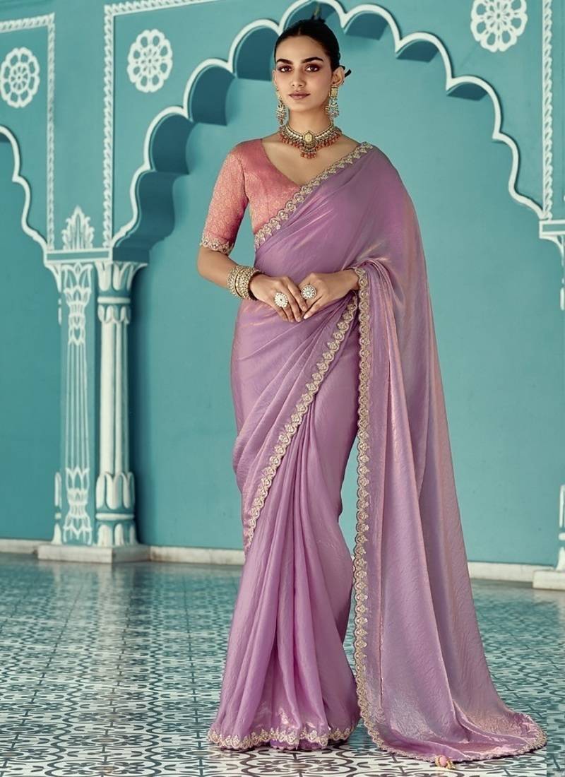 Lavender glass tissue embroidery & sequence work designer saree