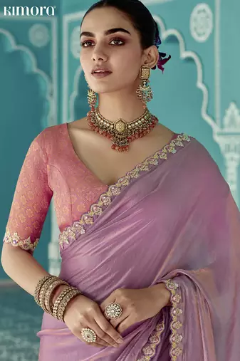 Lavender glass tissue embroidery & sequence work designer saree