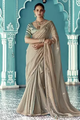 Beige glass tissue embroidery & sequence work designer saree