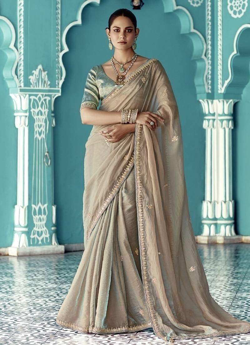 Beige glass tissue embroidery & sequence work designer saree