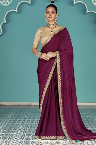 Wine glass tissue embroidery & sequence work designer saree