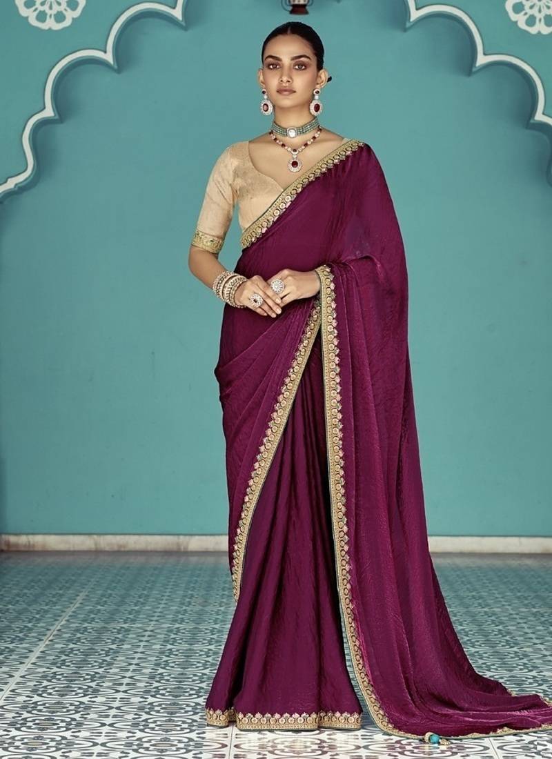 Wine glass tissue embroidery & sequence work designer saree