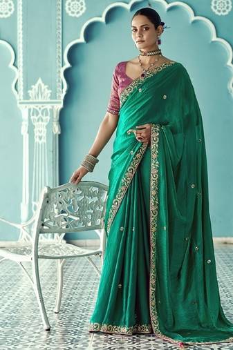 Green glass tissue embroidery & sequence work designer saree