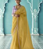 Mustard glass tissue embroidery & sequence work designer saree