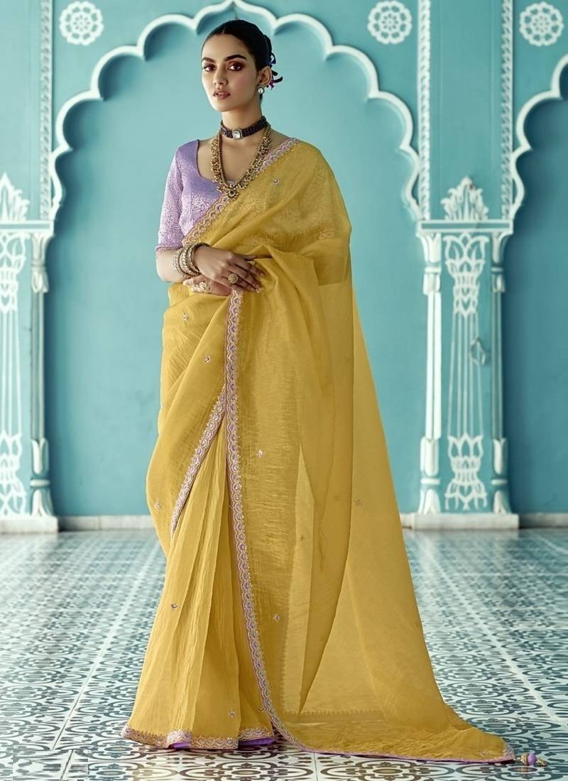Mustard glass tissue embroidery & sequence work designer saree