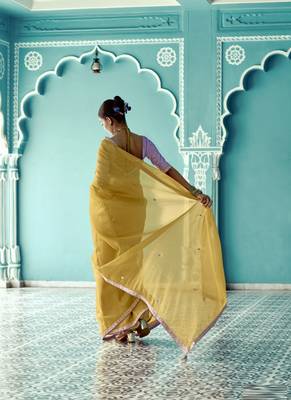 Mustard glass tissue embroidery & sequence work designer saree 2