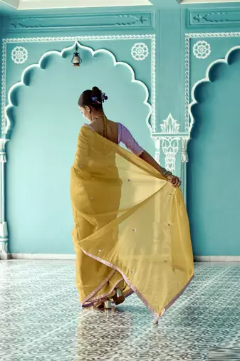 Mustard glass tissue embroidery & sequence work designer saree