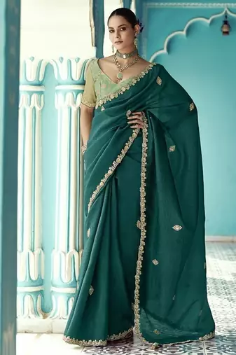 Peacock green glass tissue embroidery & sequence work designer saree