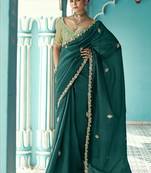 Peacock green glass tissue embroidery & sequence work designer saree