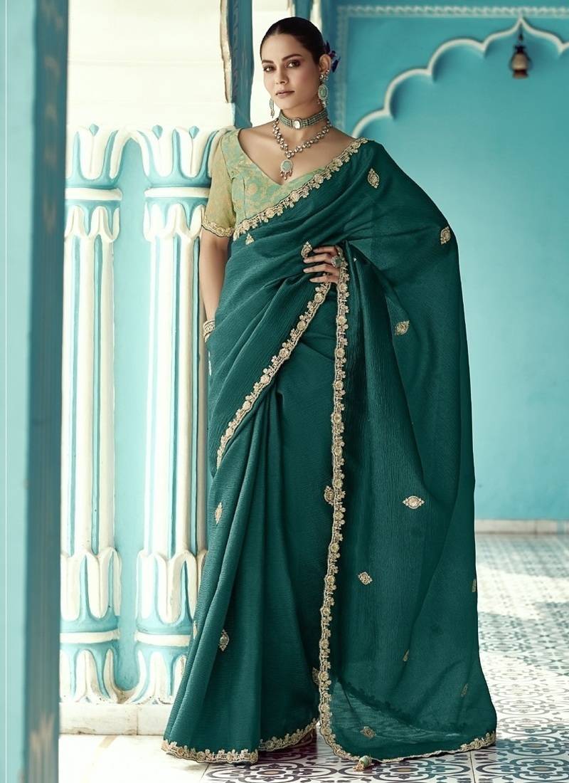 Peacock green glass tissue embroidery & sequence work designer saree