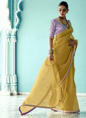 Mustard glass tissue embroidery & sequence work designer saree 3